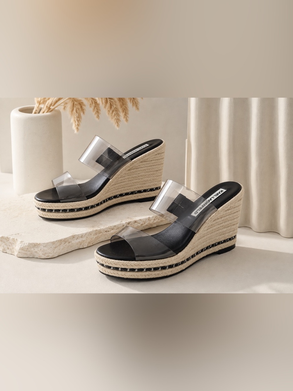 Karl Lagerfeld Paris Clear Strap Espadrille Wedge Sandals Black Slip On